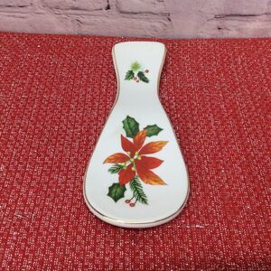 Royal Norfolk Holiday Spoon Rest Ceramic Christmas Poinsettia Holly Gold Trim